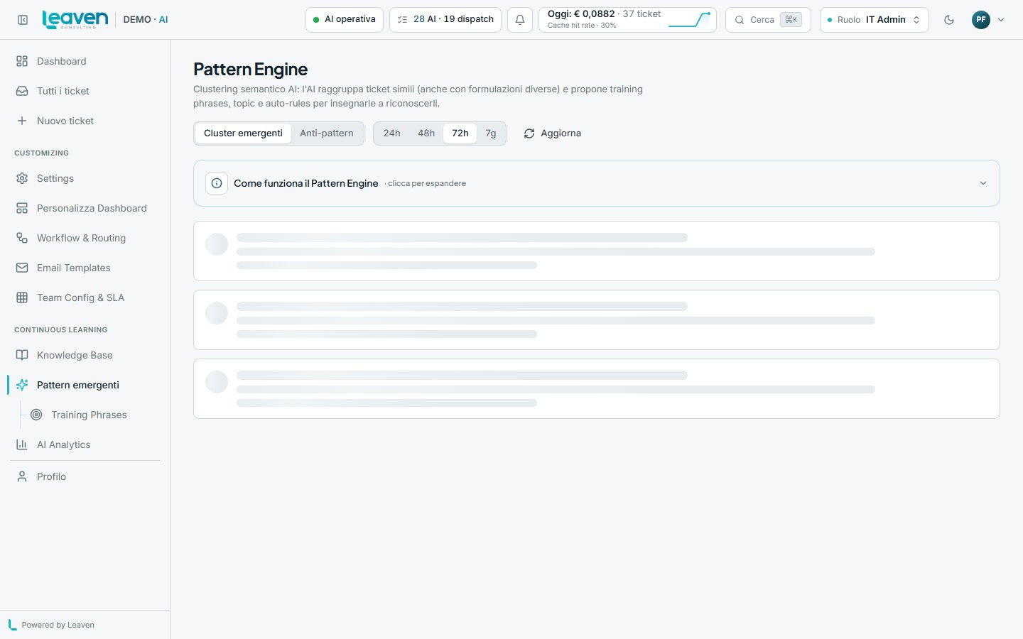 OrbitDesk · Pattern engine con cluster emergenti e promote-to-rule