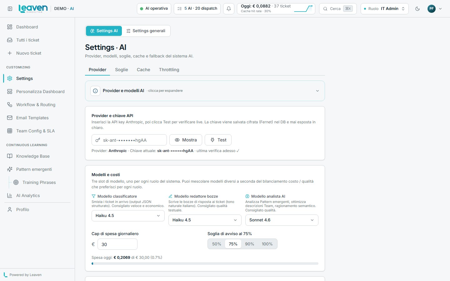 OrbitDesk · Settings AI con 3 slot model (Classifier, Drafter, Analyzer) e dropdown Anthropic/Gemini